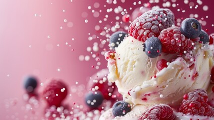 Delightful vanilla ice cream scoop with mixed berries and sprinkles, dark pink background, isolated, studio lighting, for advertising