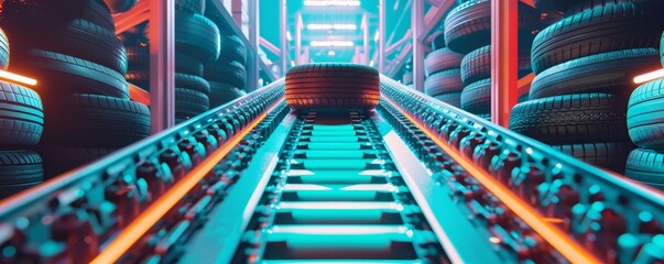 Low angle of Automated conveyor belt sorting tires, in a tire manufacturing factory.