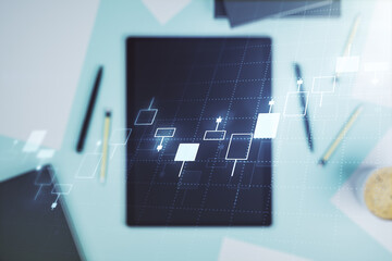 Poster - Multi exposure of abstract financial graph and modern digital tablet on desktop on background, top view, financial and trading concept