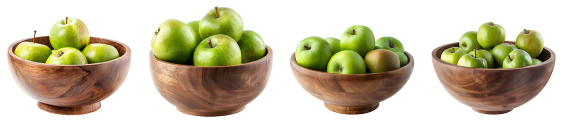 Wall Mural - Green apples, wooden bowl, isolated, PNG set