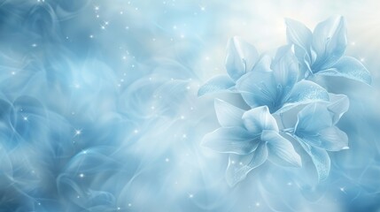 Wall Mural -  A blue flower in focus against a backdrop of blue and white Bottom half of image and flower softly blurred