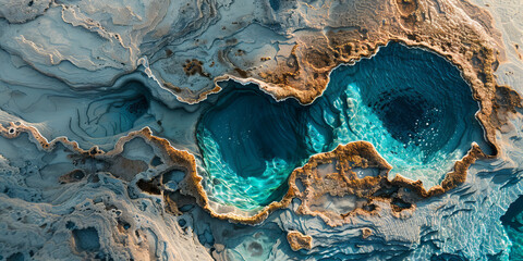 Unique aerial view of landscape with clear blue water pools