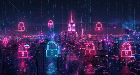 Wall Mural - digital cityscape with digital padlock icons