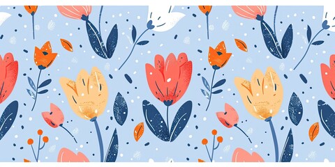 Sticker - cute flat vector illustration of spring flowers pattern