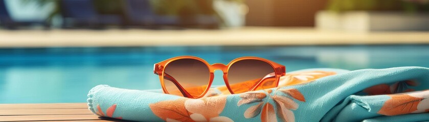 Close up of sunglasses and beach towel on table near swimming pool, summer vacation concept, 3D rendering in the style of adobe stock photography
