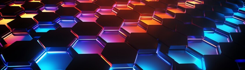 Poster - abstract hexagons, rainbow glow, black background, geometric light display
