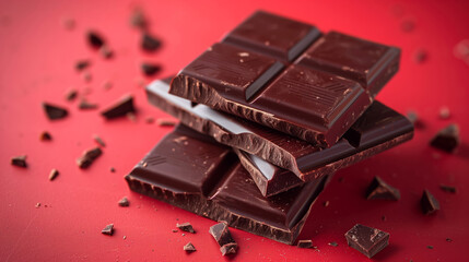 Sticker - Gourmet dark chocolate bars, partially unwrapped, isolated on a red background 