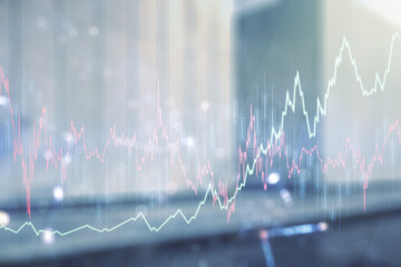 Poster - Double exposure of abstract creative financial chart hologram on modern business center exterior background, research and strategy concept