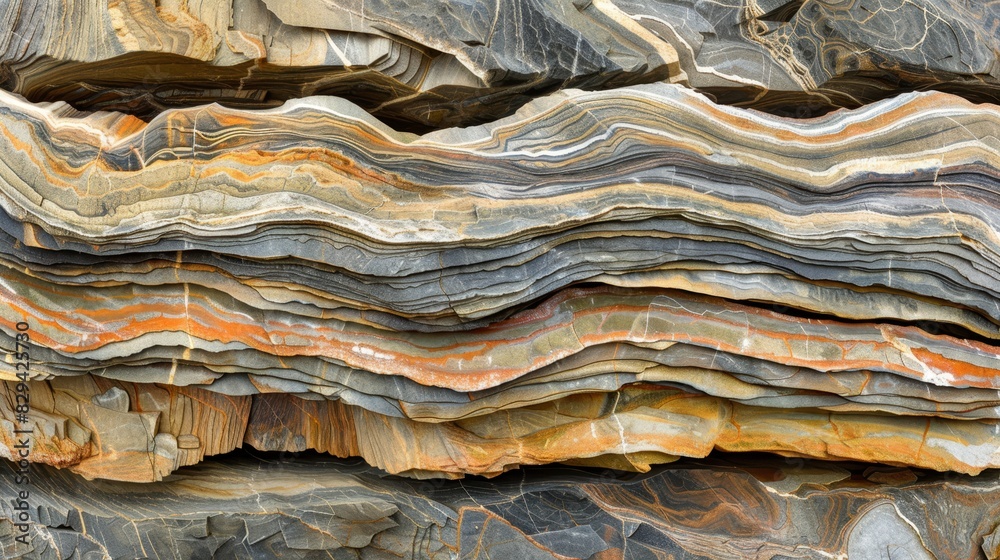 A detailed shot of stratified rock formations, showcasing varied hues ...