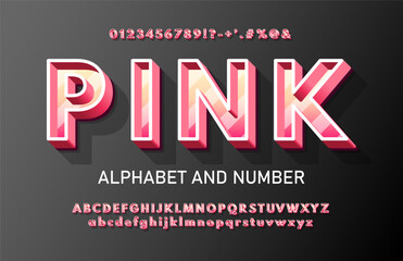 Fototapete - Modern pink volumetric 3d alphabet with a thin outline and stripes inside. Chic urban 3D font with signs, symbols and numbers.
