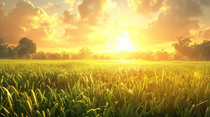 Wall Mural -  A grassy area with a few trees in the foreground and the sun setting behind a larger expanse of green grass, dotted with clouds in the sky above the tree line (3
