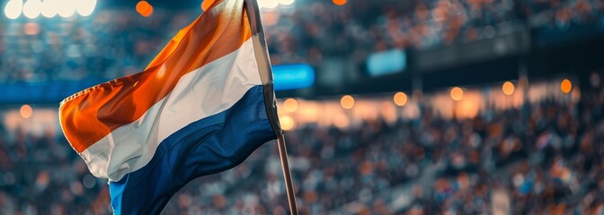 Wall Mural - Netherlands flag at stadium. Sport concept. Football background