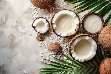 Wall Mural - Top view of coconuts and palm branches, copy space