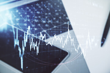 Poster - Multi exposure of abstract creative financial graph on modern computer background, forex and investment concept