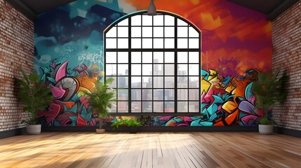 flowers in pot in front of colorful graffiti on the wall