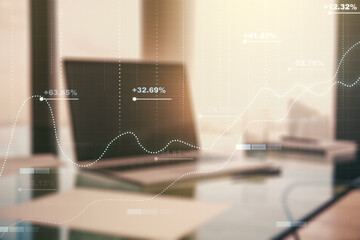 Poster - Multi exposure of abstract statistics data hologram interface on computer background, computing and analytics concept