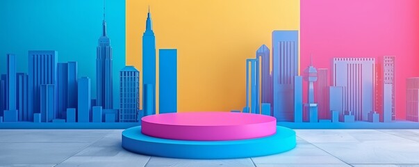 Poster - Stylish pop art podium with vibrant cityscape background in blue, yellow, and pink