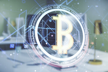 Aufkleber - Double exposure of creative Bitcoin symbol hologram with computer on background. Mining and blockchain concept