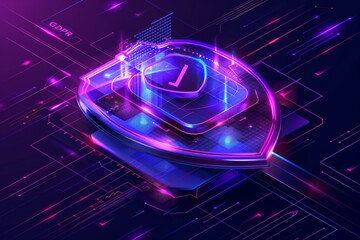 Wall Mural - Futuristic neon cyber shield on a dark purple grid, representing high-tech digital defense in a virtual space.