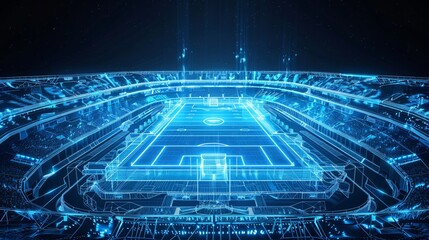 A holographic blueprint of a football stadium, its iconic form outlined in intricate neon blue patterns, suspended against a dark void.