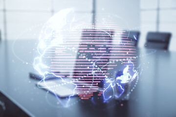Poster - Double exposure of abstract digital world map with connections on computer background, big data and blockchain concept