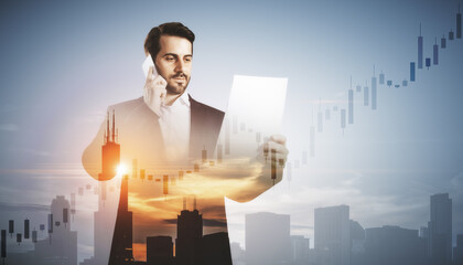 Attractive young european businessman with phone and document standing on blurry airy city background with mock up place and candlestick forex chart. Tomorrow and success concept. Double exposure.