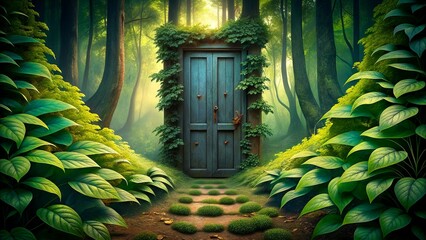 blue door in the middle of a forest covered in leaves and 2 butterflies on the leaves in spring