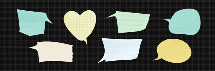 Fototapete - Paper stickers set isolated on transparent background. Vector realistic illustration of square, round, heart shape speech bubbles with notebook page design, message frames, dialog chat comments