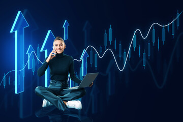 Poster - Attractive happy young european woman talking on the phone and holding laptop with creative growing forex chart with arrow on dark background. Financial growth and stock concept.