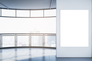 Poster - Empty modern spacious balcony with white mock up banner on wall, glass railings and mock up place, bright city view. 3D Rendering.