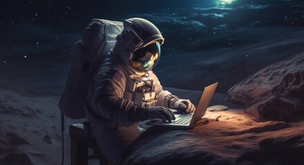 Wall Mural - astronaut in space with a laptop on an alien planet