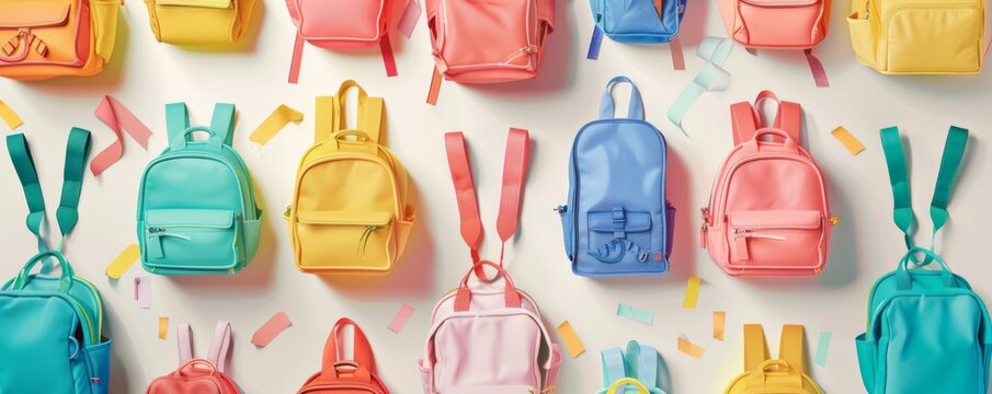 Colorful back to school backpacks arranged in a playful pop-art style