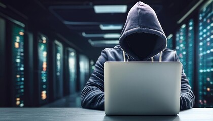 Hacker in face cover hoodie trying to break defense codes and authorized access into computer system or network with malicious intent , dark room copy space background