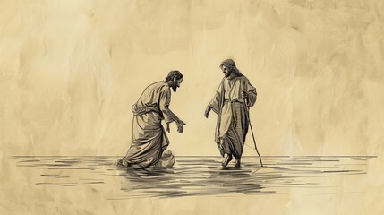 Biblical Illustration: Walking on Water, Jesus Walks on Sea of Galilee, Peter Attempts to Join, Sinking Scene, Beige Background, Copyspace