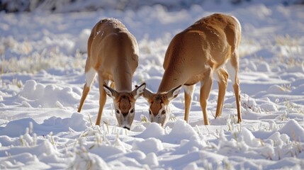 Wall Mural - A pair of deer grazing in a field of snow rollers their delicate hoofprints visible in the freshly fallen snow.