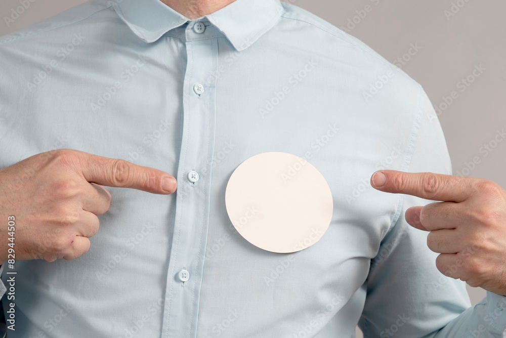 Round badge sticky label mockup template. Pin button on chest. White ...