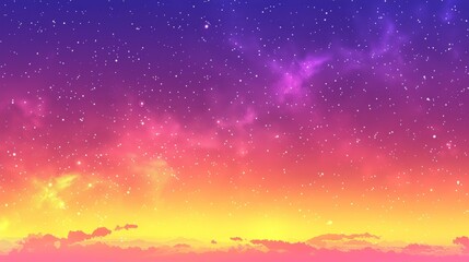 Wall Mural -  A sky filled with stars and clouds In the foreground, a mid-section boasts a purple and yellow hue Above it lies a pink and yellow gradient sky