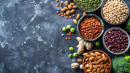 Assorted Legumes and Nuts on Dark Slate Background - Vegan Protein Sources