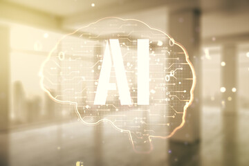 Aufkleber - Double exposure of creative human brain microcircuit hologram on empty room interior background. Future technology and AI concept