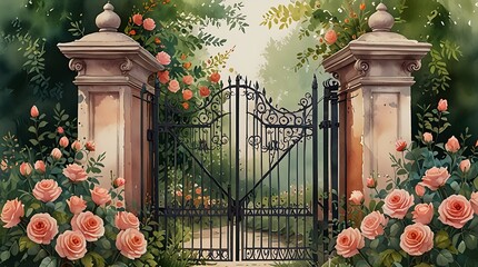 Wall Mural - painting of a metal gate with pink climbing roses on both sides.