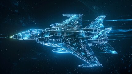Wall Mural - An illustration of fighter jet in blue print wireframe , A fighter jet is depicted in the center of an air battle map with data and holographic images against a dark blue background