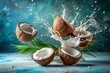 © Юлия Клюева - Splashes of coconut milk and palm leaves. Coconuts with a milky splash on a blue background. A banner for sweets, spa cosmetics or creams for body and face care.