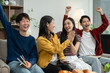 © NINENII - drinks and conversation, social gathering and get together. Young people, group and happiness at fast food pizzeria, celebration at home.