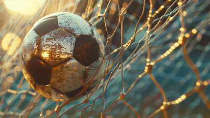 Close-up of a soccer ball on the net, goal, football.