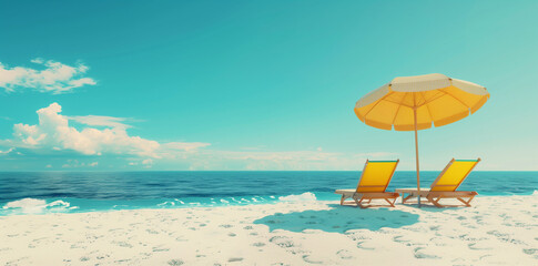 Wall Mural - Yellow beach chairs and umbrella on the beach in summer