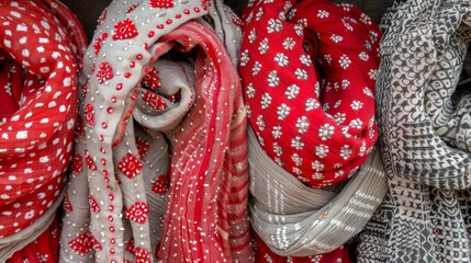 Wall Mural -  A pile of scarves is stacked, their colors varying between red, white, gray, multiple shades of gray, and black and white