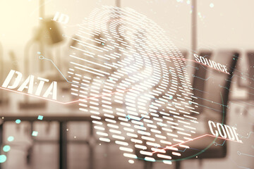 Poster - Double exposure of virtual creative fingerprint hologram on modern corporate office background, research and development concept