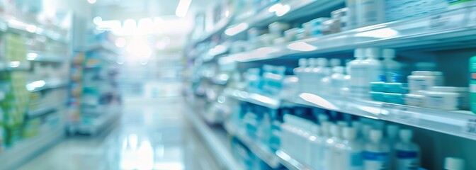 Wall Mural - Pharmacy shelves background. Pharmacy interior. Blurred background