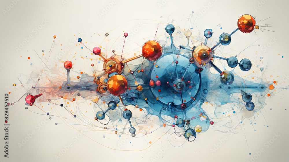 Abstract scientific drawed diagram with connected spheres in blue and ...