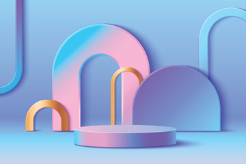 3d product podium in blue holographic studio bg. Abstract hologram pedestal to display object with gold arch and soft futuristic backdrop mockup. Y2k award presentation with empty cylinder stand